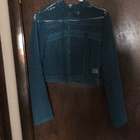 Teal, lace, and shear crop long sleeve blouse - Picture 1 of 4